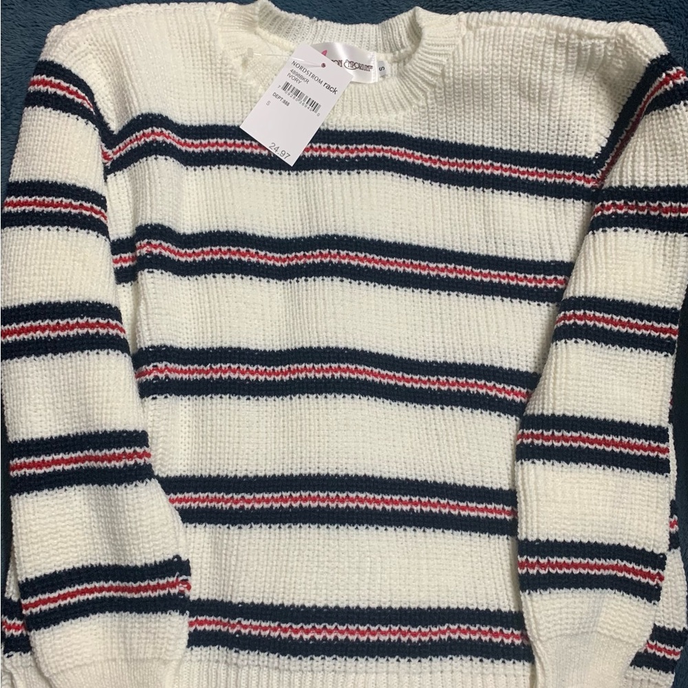 Nordstrom Stripe Side Slit PO Ivory Sweater